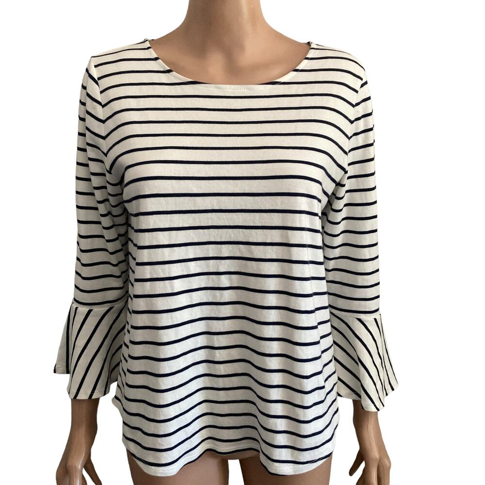 J Crew Mercantile Shirt Womens Medium Black White Striped Bell Sleeve Stretch